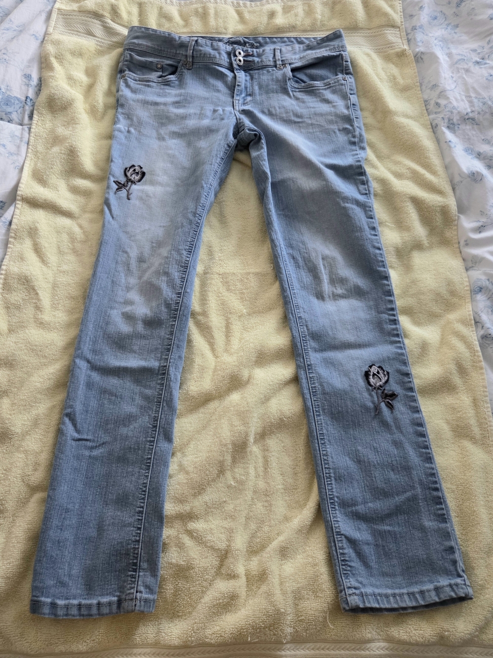 Ariya Light Blue Straight-Leg Jeans with Rose Embroidery